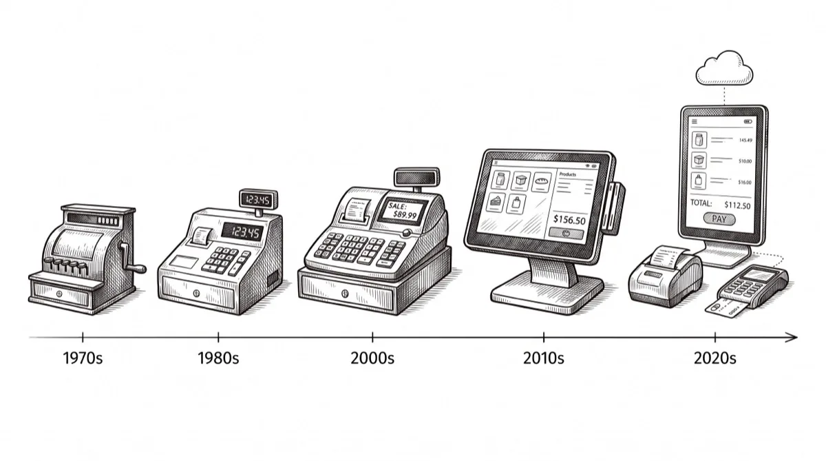 Frise chronologique de l'évolution de la caisse enregistreuse, de la caisse mécanique à manivelle des années 1970 au TPV cloud sur tablette des années 2020